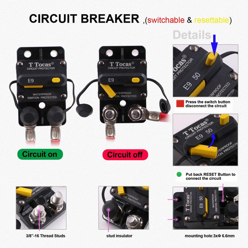 T Tocas E9 3/8" Stud 60 Amp Circuit Breaker, Surface Mount, 12V - 72V DC 60A Waterproof IP67 - Image 3